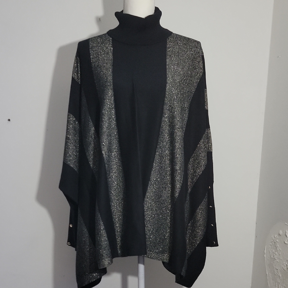 NWT JM Collection Metallic Striped Turtleneck Poncho Sweater Black Gold